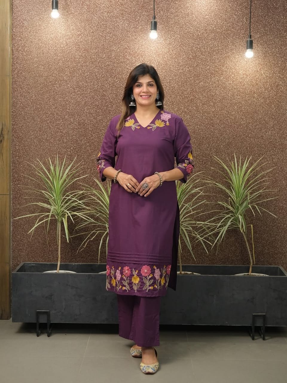 Purple Cotton Embroidered Kurta Pant Set